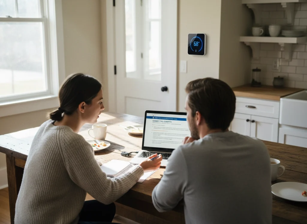 Homeowners reviewing federal HVAC tax credit options before upgrading their system.