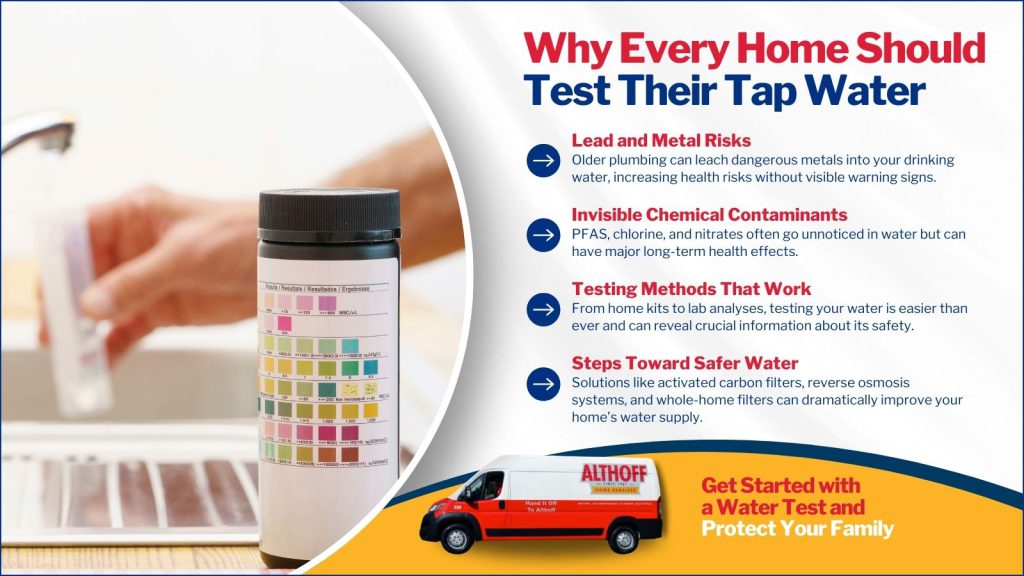 This is an image of a person testing their tap water. The headline reads why every home should test their tap water