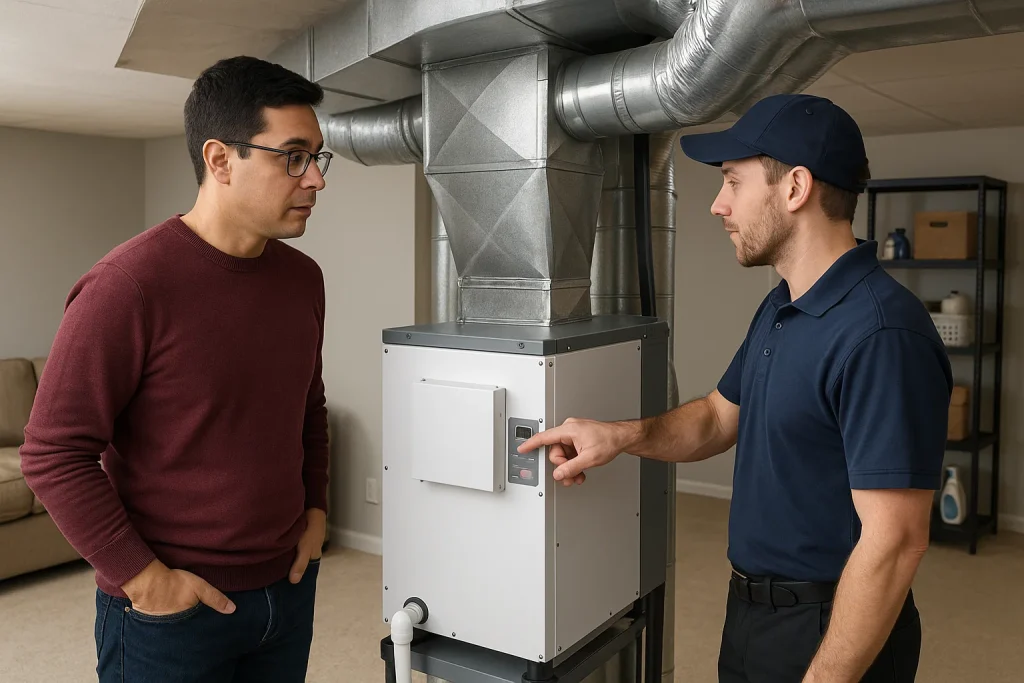 Homeowner and technician review whole-home dehumidifier settings in a finished Chicago basement.