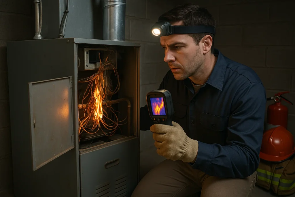 Technician uncovering burnt wires in furnace panel using thermal scanner