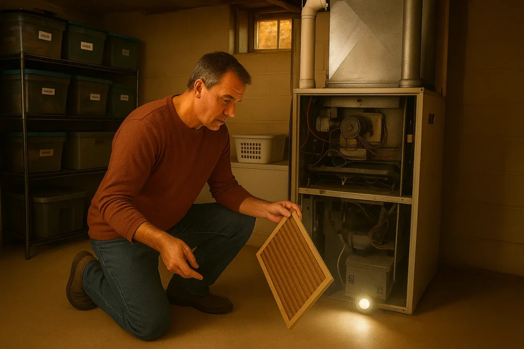 Homeowner replaces furnace air filter in suburban Illinois garage during early fall maintenance