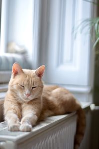 Orange cat relaxing on a radiator near a window, suggesting warm HVAC maintenance.